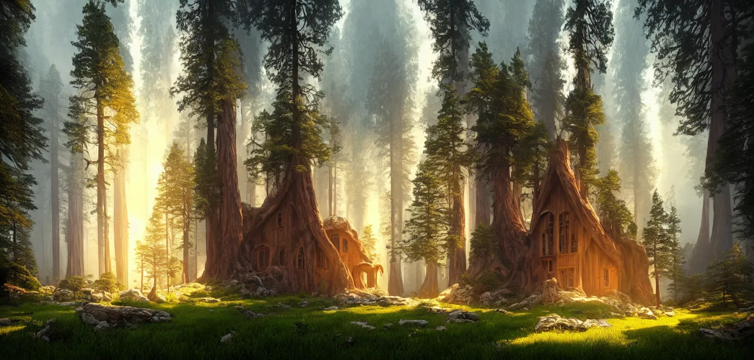 Image similar to random mystic house in sequoia forest incredible, vector art, octane render, fabulous, hyper detailed, random cinematic view, no noise, global illumination, warm lighting, volumetric, godrays, vivid, beautiful, by jordan grimmer