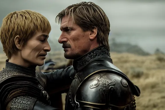 Image similar to very very intricate photorealistic photo of jaime lannister defeating cersei, photo is in focus with detailed atmospheric lighting, award - winning details