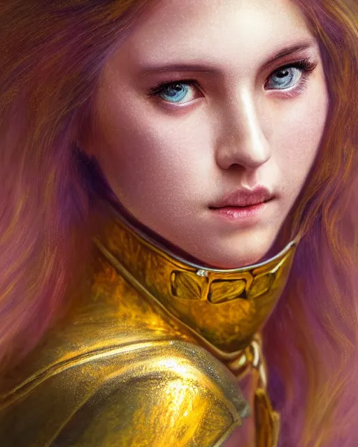 Image similar to pastel portrait of woman in shining golden armor, high production value, intricate details, high resolution, hdr, high definition, masterpiece, realistic, ultrarealistic, highly detailed, hd, sharp focus, non blurry, sharp, smooth