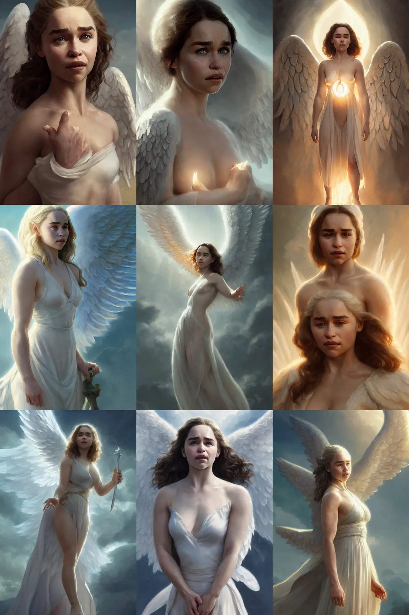 Prompt: emilia clarke as a heavenly angel, anatomy, bathing in light, highly detailed, digital painting, artstation, concept art, smooth, sharp focus, illustration, unreal engine 5, 8 k, art by art by artgerm and greg rutkowski and edgar maxence