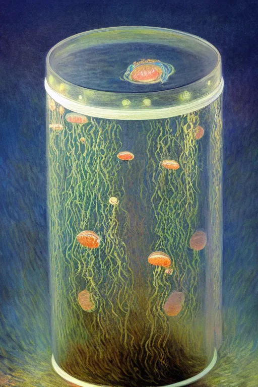 Image similar to a beautiful painting of a cylindrical aquarium with a lot of jellyfish, ray of light, quiet, shimmering and prismatic, rococo, by monet and mucha, trending on artstation.