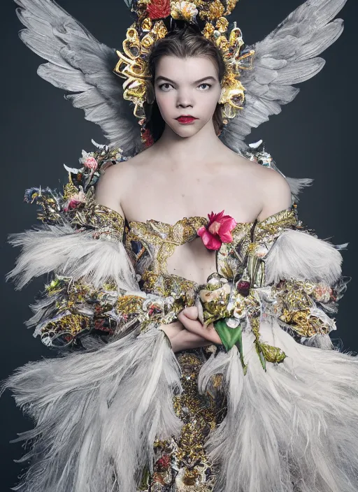 Prompt: full body environmental portrait photo of anya taylor - joy as angel, ornate headpiece made from flowers, ornaments, glamour shot by gemmy woud - binnendijk, chris knight, photorealistic, canon r 3, fashion photography, ornate, elegant, luxury and elite, symmetrical features, octane render, unreal engine, solid dark grey background, dramatic lights