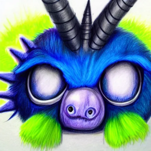 Image similar to A realistic drawing of a blue fuzzy monster with purple horns and one big cute eye