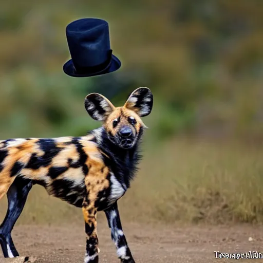 Image similar to A photo of the world's greatest showman: the african wild dog dressed in a hat!