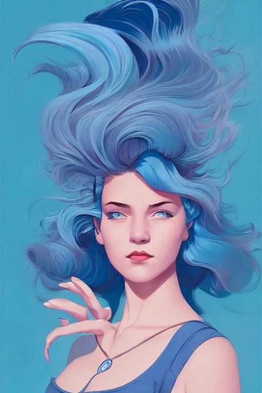 Image similar to portrait painting of a teenage girl with swept back wild blue hair, fashionable, windy, art deco, solid background color, sharp focus, award - winning, cinematic pose, cinematic lighting, trending on artstation, masterpiece, highly detailed, intricate. art by josan gonzales and moebius and deathburger