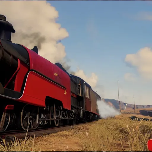 Image similar to futuristic sleek steam locomotive in red dead redemption 2