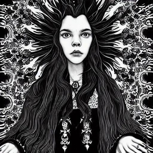 Image similar to black and white pen and ink!!!!!!! Suprani!!!!! wizard beautiful long hair Anya Taylor-Joy wearing High Royal flower print robes flaming!!!! final form flowing ritual royal!!! Contemplative stance Vagabond!!!!!!!! floating magic witch!!!! glides through a beautiful!!!!!!! Camellia!!!! Tsubaki!!! death-flower!!!! battlefield behind!!!! dramatic esoteric!!!!!! Long hair flowing dancing illustrated in high detail!!!!!!!! by Hiroya Oku!!!!!!!!! graphic novel published on 2049 award winning!!!! full body portrait!!!!! action exposition manga panel black and white Shonen Jump issue by David Lynch eraserhead and beautiful line art Hirohiko Araki!! Frank Miller, Kentaro Miura!, Jojo's Bizzare Adventure!!!! 3 sequential art golden ratio technical perspective panels horizontal per page