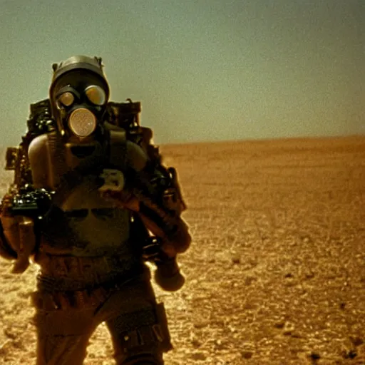 Prompt: a heavily armored man wearing a gasmask walking through a desert, coral in background, film still, arriflex 3 5