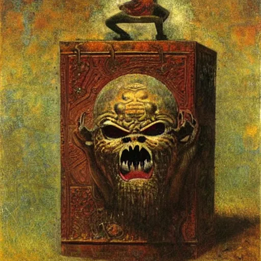 Image similar to demon hiding inside an ornate ancient sinister-looking box, by Odd Nerdrum, by Gustav Klimt, beautiful, eerie, surreal, colorful