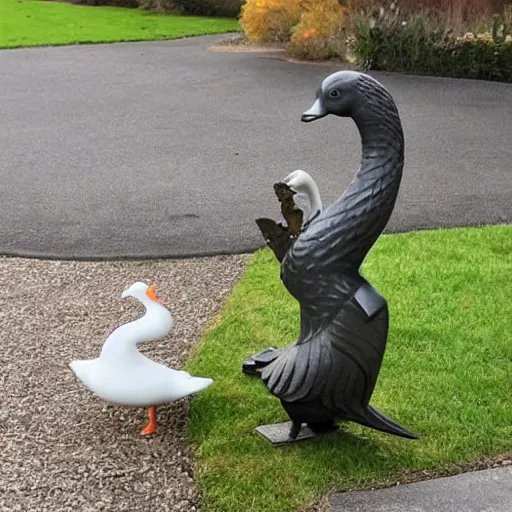 Prompt: a goose attacking a goose statue