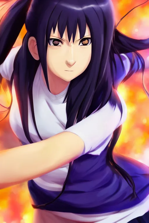 Image similar to Hinata Hyuga from Naruto in the style of WLOP, fullbody, character concept, dynamic posing, 8k, trending on artstation