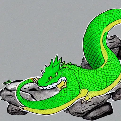 Image similar to an illustration of a western style green dragon sleeping on a rock