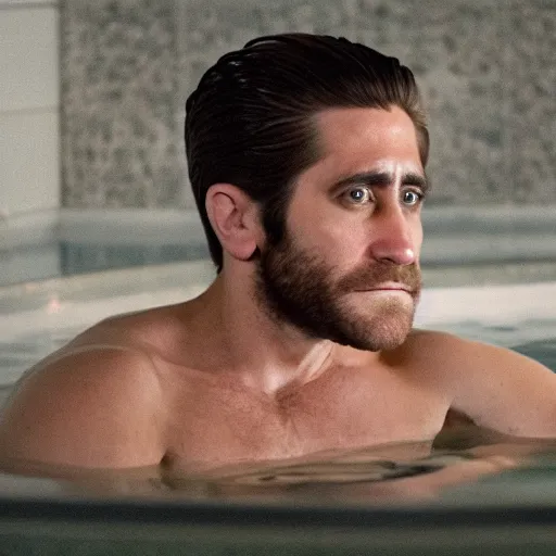 Image similar to cinestill of Jake Gyllenhaal sitting in a hot tub in the movie Waiting for Kristin