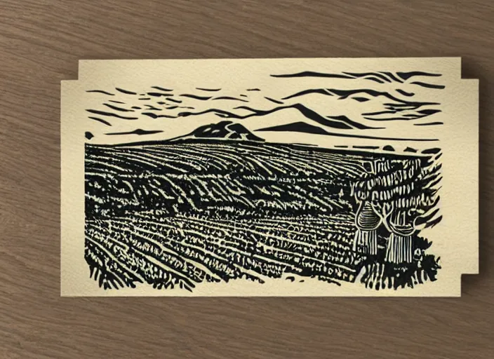 Image similar to wine label template, linocut vineyard landscape by greg rutkowski, fine details, highly detailed