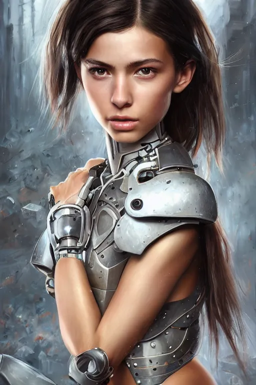 Image similar to a photorealistically painted portrait of an attractive young girl, partially clothed in cybernetic battle armor, with an abstractly painted background, flawless olive skin, fair complexion, long dark hair, beautiful bone structure, perfectly symmetric facial features, perfect photorealistic eyes, natural physique, intricate, elegant, digital painting, concept art, finely detailed, beautifully illustrated, sharp focus, minimal artifacts, volumetric lighting, from Metal Gear, by Ruan Jia and Mandy Jurgens and Artgerm and William-Adolphe Bouguerea, in the style of Greg Rutkowski, trending on Artstation, award winning art