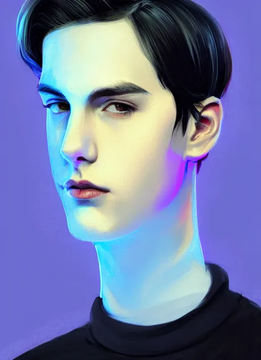 Image similar to portrait of teenage jughead jones wearing a light grey crown, crown, blue turtleneck, closed eyes, photorealistic, black hair, glowing lighting, intricate, elegant, glowing lights, highly detailed, digital painting, artstation, concept art, smooth, sharp focus, illustration, art by wlop, mars ravelo and greg rutkowski