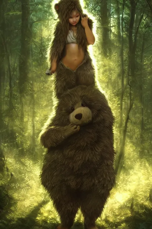 Image similar to mean fluffy teddybear protecting girl in a forest with rays of light coming through the canopy, masterpiece, dystopian, sci-fi, extremely detailed, digital painting, sculpted in zbrush, artstation, concept art, smooth, sharp focus, illustration, chiaroscuro lighting, golden ratio, incredible art, artgerm, greg rutkowski, alphonse mucha, simon stalenhag, carravaggio