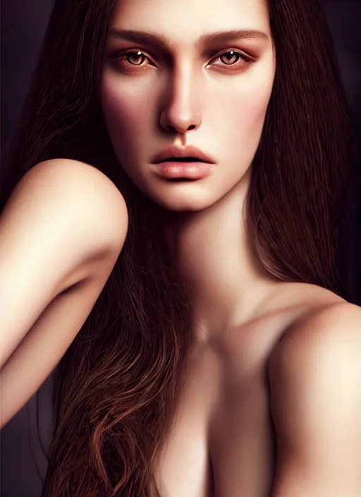 Image similar to a gorgeous female with long brown hair, photo by mert alas, mert and marcus, realistic, full body shot, wide angle, sharp focus, 8 k high definition, insanely detailed, intricate, elegant, art by stanley lau and artgerm, floating embers