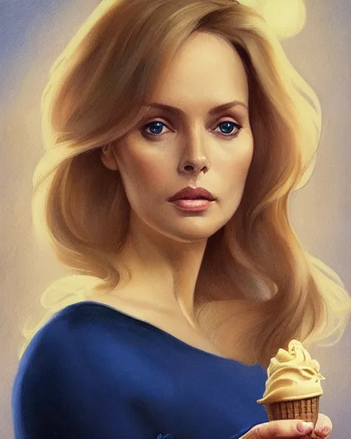 Image similar to portrait of a blonde fuller figured barbara bach from the bond film wearing a dark blue jumpsuit and eating ice creams in porto, real life skin, intricate, elegant, highly detailed, artstation, concept art, smooth, sharp focus, art by artgerm and greg rutkowski and alphonse mucha