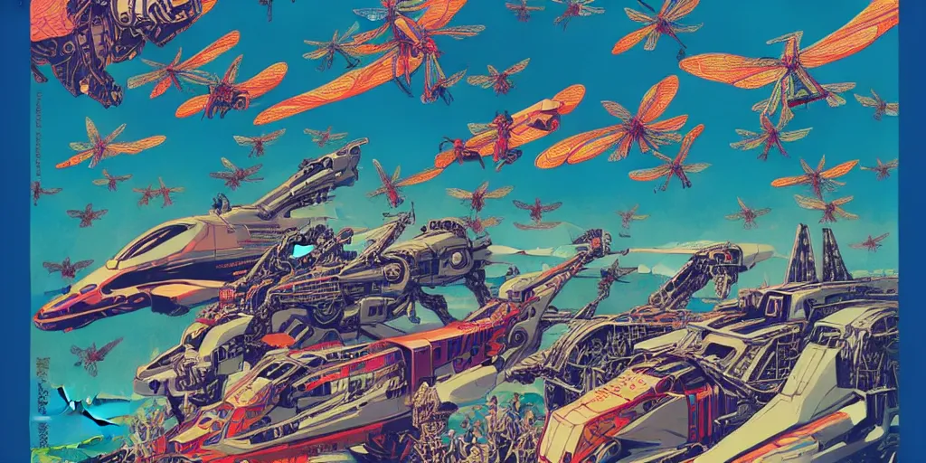 Prompt: risograph, gigantic mecha arzach birds with dragonflies, tiny rats, a lot of exotic animals around, big human faces everywhere, helicopters and tremendous birds, by satoshi kon and moebius, matte colors, surreal psychedelic design, crispy, super - detailed, a lot of tiny details, 4 k, fullshot