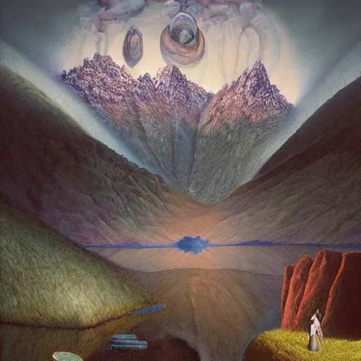 Image similar to beautiful scene from a dream. mountains. digital artwork by vincent bons, michael whelan, remedios varo and gerardo dottori. grainy and rough. interesting pastel colour palette. beautiful light. oil and water colour based on high quality render.