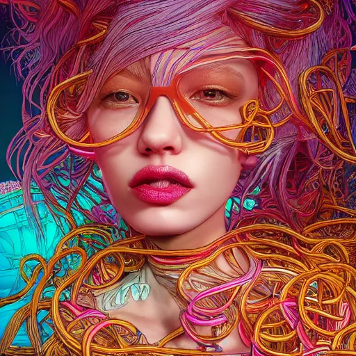 Image similar to the portrait of a ridiculously beautiful and pretty woman partially made of onion rings of all colors looking up, an ultrafine detailed illustration by james jean, final fantasy, intricate linework, bright colors, behance contest winner, vanitas, angular, altermodern, unreal engine 5 highly rendered, global illumination, radiant light, detailed and intricate environment