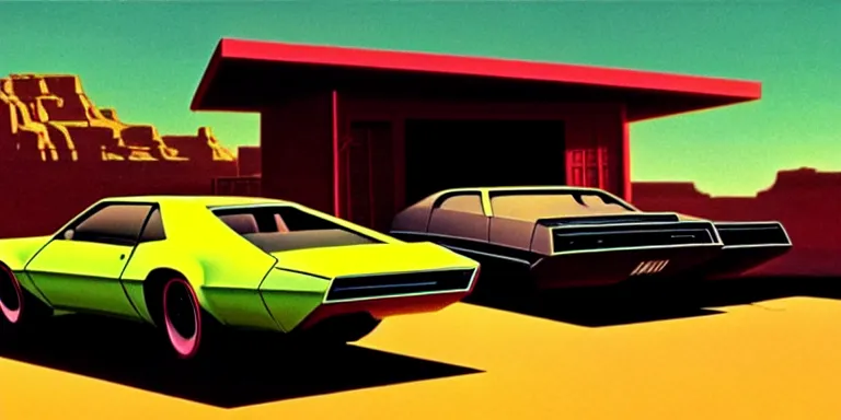 Image similar to a cinematic matte painting of a sleek 1 9 7 0 s vaporwave concept retro - futurism sci - fi muscle car in an open cluttered garage in the american southwest, view from the street. cactus. by eric lafforgue, glennray tutor and edward hopper, greg rutkowski. trending on artstation.