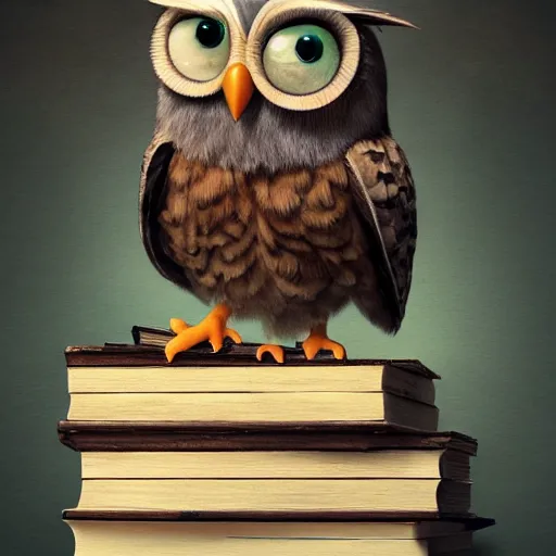 Image similar to long shot of a very cute plushy owl with eyelids half closed sitting on a pile of antique books, by esao andrews, by pixar, humorous illustration, hyperrealistic, big depth of field, fresh colors, dim light, 3 d octane render conceptart, 4 k, hyperdetailed, trending on artstation