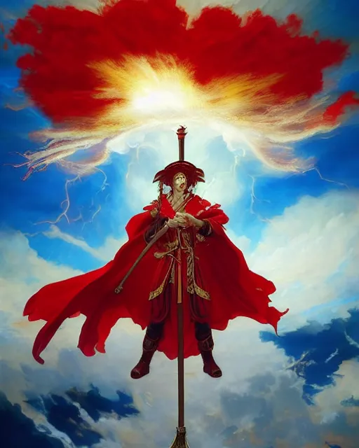 Image similar to A Full View of a Red Mage wearing red white and gold striped magical shining Conquistador armor and a feathered hat holding a staff of power surrounded by an epic cloudscape. Magus. Red Wizard. masterpiece. 4k digital illustration. by Ruan Jia and Artgerm and Andreas Rocha and William-Adolphe Bouguereau and Edmund Blair Leighton, award winning, Artstation, intricate details, realistic, Hyperdetailed, 8k resolution