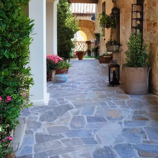 Image similar to paved porch with staircase on the left that goes to the first floor in an italian courtyard