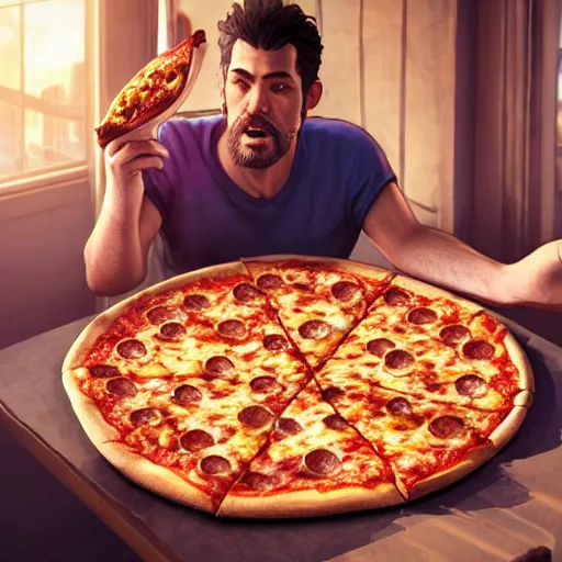 Image similar to man is surprised by pizza, photo by artgerm, greg rutkowski and alphonse mucha, unreal engine 5, 4 k uhd