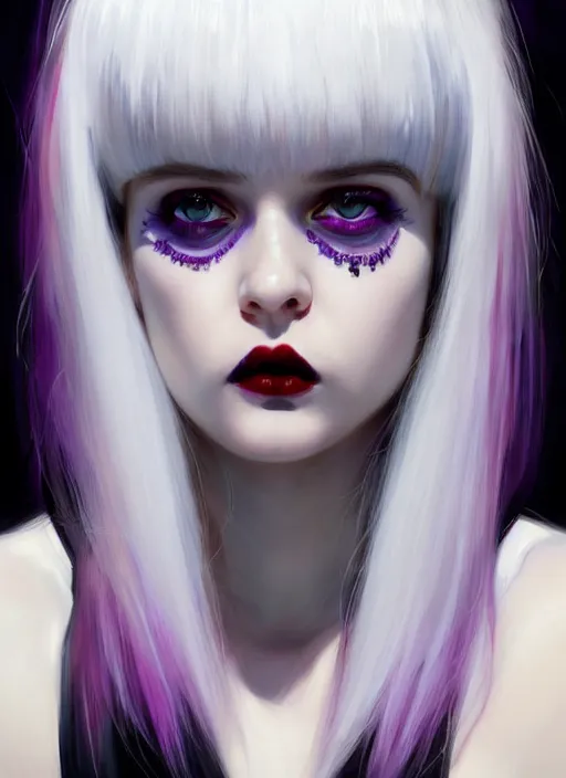 Image similar to portrait of white teenage girl, normal face, white bangs, mall goth, cyberlox, black and white hair, bangs, fluffy bangs, red contact lenses, purple lipstick, intricate, elegant, highly detailed, digital painting, artstation, concept art, sharp focus, smooth, illustration, art by wlop, mars ravelo and greg rutkowski