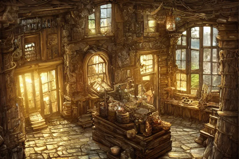 Image similar to A miniscule shop viewed from the inside, texture, intricate, details, highly detailed, masterpiece, architecture, building, trending on artstation, focus, sharp focus, concept art, digital painting, fantasy, sunny, day, midday, in the style of Dungeons and Dragons