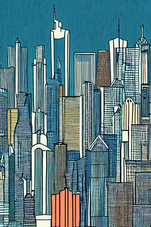 Image similar to frankfurt skyline, illustration, in the style of katinka reinke