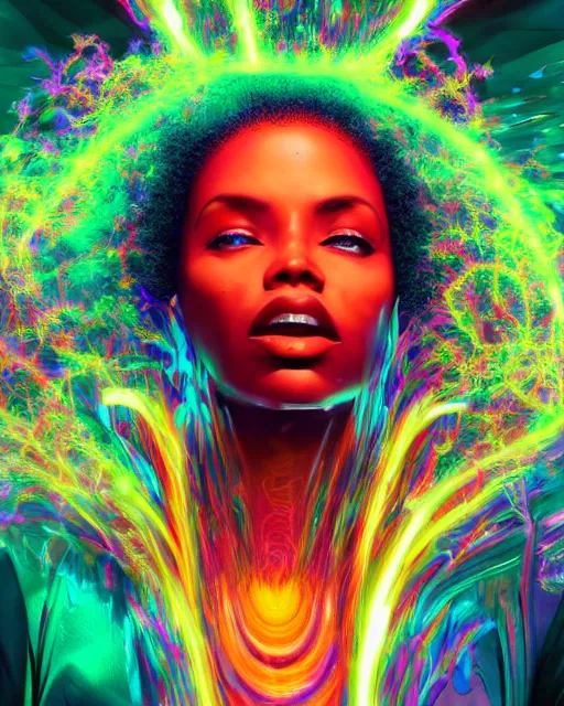 Image similar to a powerful energy psychedelic matrix afro american woman, by alexander fedosav, hyper detailed digital matte painting, concept art, hyperrealism, 1 6 k resolution, cinema 4 d, 8 k resolution, trending on artstation, behance hd, a masterpiece, by stephan martiniere, particles, cel - shaded, power bright neon energy, by david a. hardy