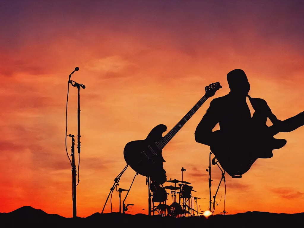 Prompt: double exposure black man guitar sunrise