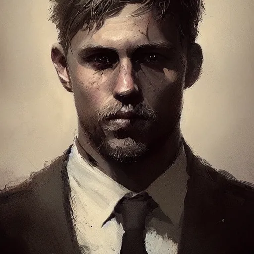 Image similar to “Portrait of Charles Matthew Hunnam by Greg Rutkowski, young, manly, attractive, strong, older brother vibes, highly detailed portrait, scifi, digital painting, artstation, concept art, smooth, sharp foccus ilustration, Artstation HQ”