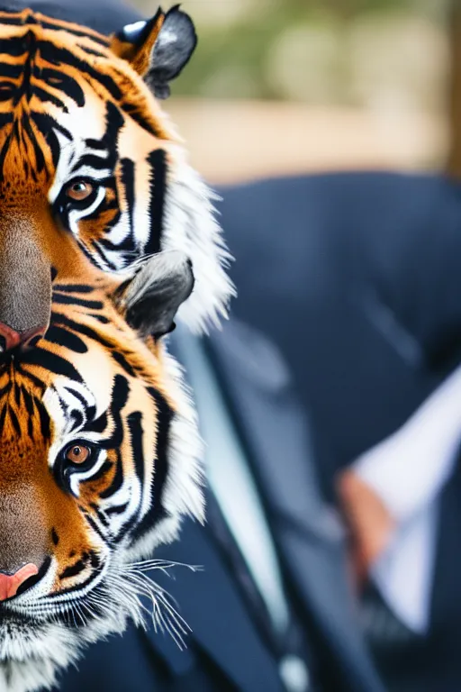 Image similar to high quality portrait photo of an tiger dressed in a dark business suit and tie, Anthropomorphic, photography 4k, f1.8 bokeh, 4k, 85mm lens, sharp eyes, looking at camera