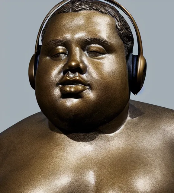 Image similar to a 4 k photorealistic photo medium shot of a bronze statue of a obese young man wearing headphones.