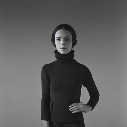 Image similar to black and white photo of a young woman wearing a turtleneck standing inside a brutalist building, 1976