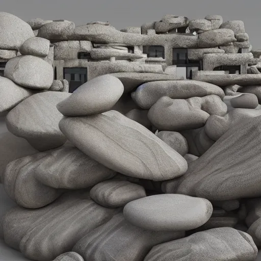 Image similar to sculpture made of piled stones, wood, nails, sunlit, photorealistic, 3 d rendering, higly detailed, minimalist, made with unreal engine, cgsociety, by yves tanguy, by nate boyce, by david smith