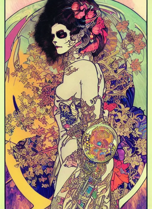 Image similar to cute punk goth fashion fractal Día de los Muertos tattooed girl posing in a astronaut suit, psychedelic poster art of by Victor Moscoso Rick Griffin Alphonse Mucha Gustav Klimt Ayami Kojima Amano Charlie Bowater, masterpiece