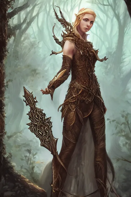 Prompt: female elven warrior blessed by the light of the forest, D&D, fantasy, intricate, elegant, highly detailed, digital painting, artstation, concept art, smooth, sharp focus, illustration, art by artgerm