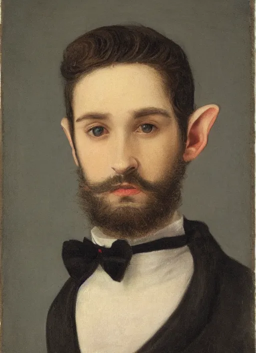 Prompt: portrait of handsome young elf with brown eyes brown hair and a short neat beard by charles angrand, only one head single portrait, pointy ears, wearing a black leather collared jacket