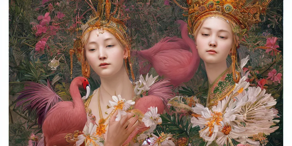 Image similar to breathtaking detailed concept art painting of the goddess of flamingo, orthodox saint, with anxious, piercing eyes, ornate background, amalgamation of leaves and flowers, by Hsiao-Ron Cheng and John James Audubon, extremely moody lighting, 8K