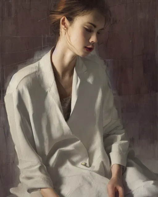 Image similar to a ultradetailed beautiful panting of a stylish woman sitting on the floor in a tiled room, she is wearing an oversized jacket, night time, highly detailed face, oil painting, by ruan jia