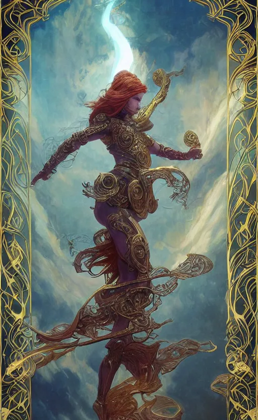 Prompt: playing card of ascending full body redhead goddess , intricate armor, highly detailed, glowing, action pose, cinematic, Art Deco, gold filigree, ethereal, artgerm, alfonso mucha, zdzisław beksiński, Andrei ryabovichev, Shaun tan, Chriss foss, Peter mohrbacher, 8k