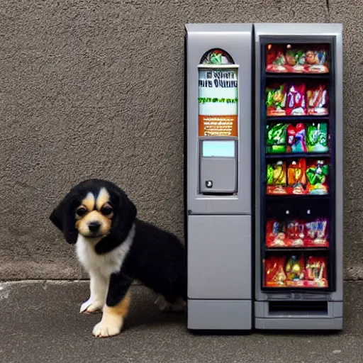 Prompt: in a dark alley at night a vending machine sells puppies only visible by the light from the vending machine.