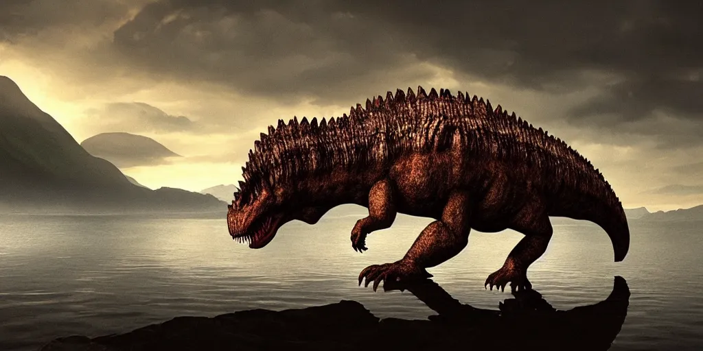 Image similar to amazing prehistoric landscape photo of tyrannosaurus standing on the lake, beautiful dramatic lighting