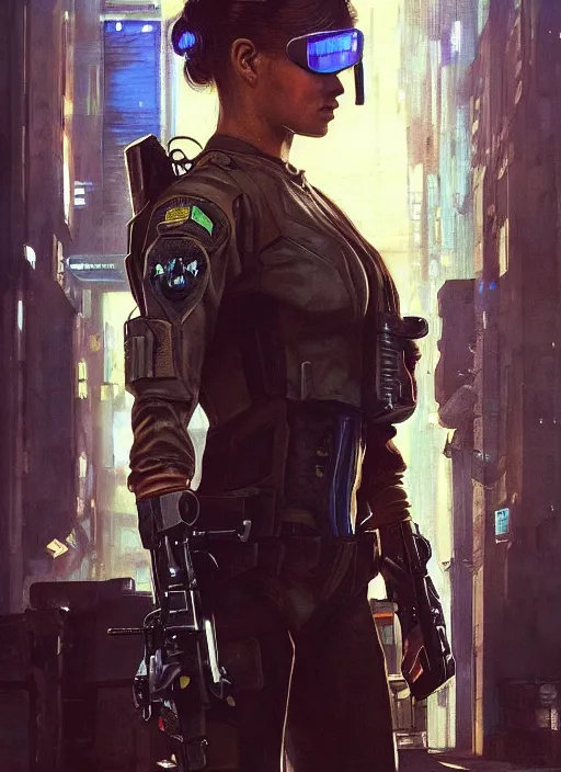 Prompt: Nikki. cyberpunk female USN marine wearing a military vest and powerful military cyberpunk exo-suit (cyberpunk 2077, bladerunner 2049). gorgeous face. Iranian orientalist portrait by john william waterhouse and Edwin Longsden Long and Theodore Ralli and Nasreddine Dinet, oil on canvas. Cinematic, hyper realism, realistic proportions, dramatic lighting, high detail 4k